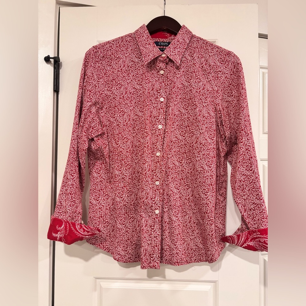 Ralph Lauren chaps, button-down blouse, flip up pattern sleeve